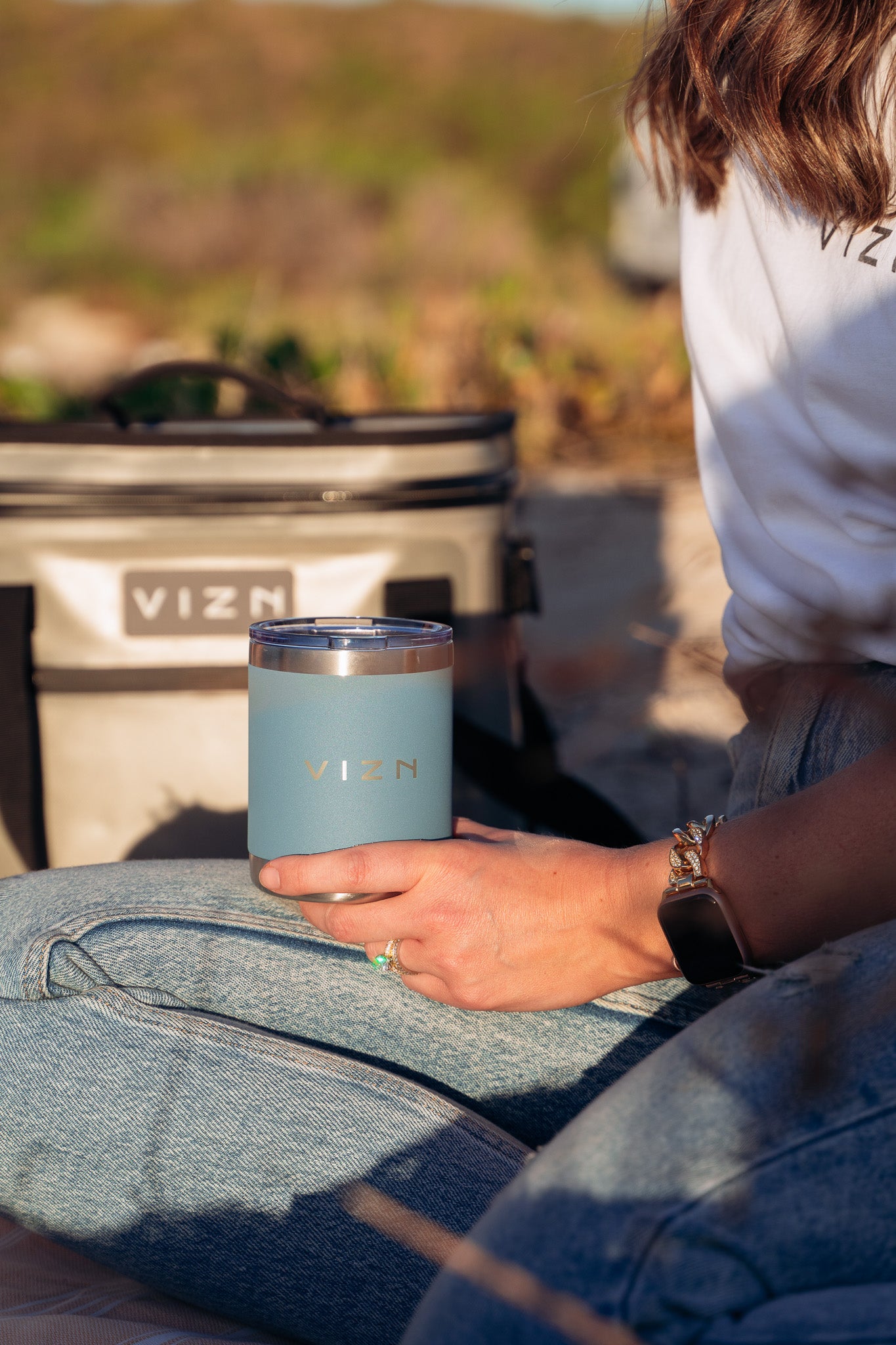 Mist Grey Blue OG Tumbler with a close-up of its durable, double-walled design.