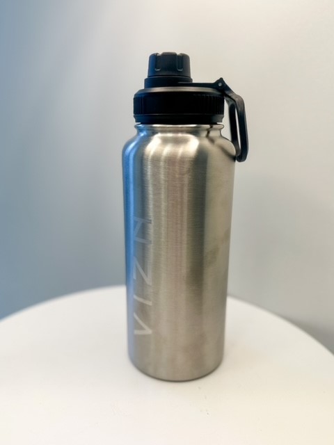 Stainless steel lightweight water bottle.